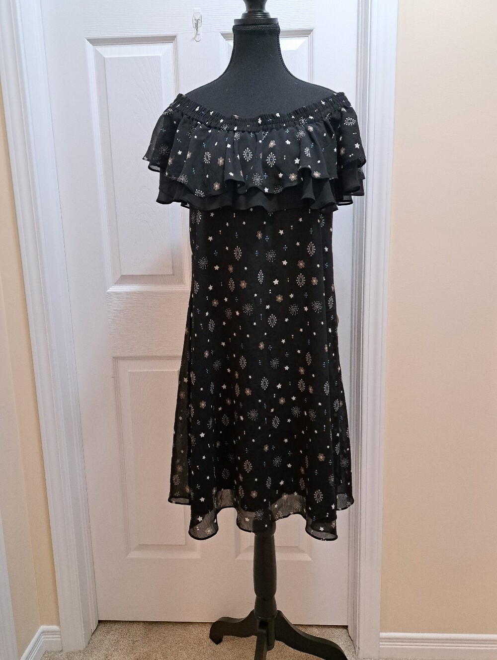 Sam Edelman Off The Shoulder Dress Womens Size 12 Black Patterned Feminine Boho